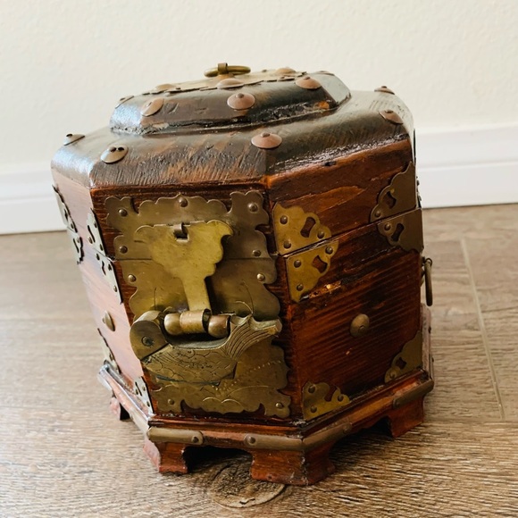 Vintage Chinese wood & brass box with lock & key